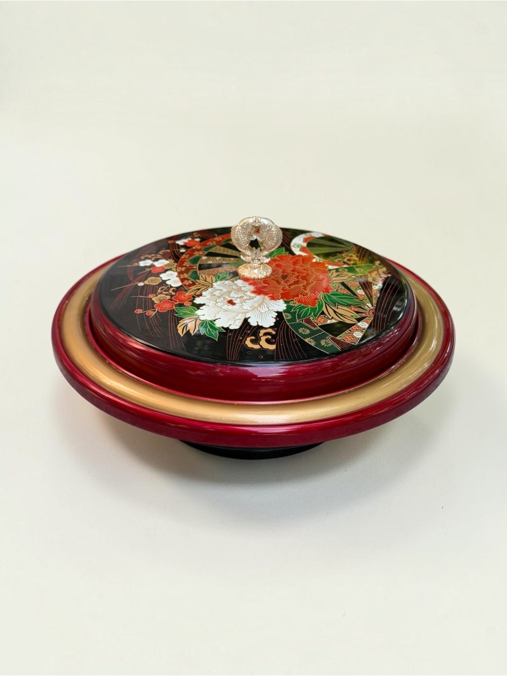 Vintage Asian Lazy Susan Lacquer Tray Lid with Footed Double Fish Handl